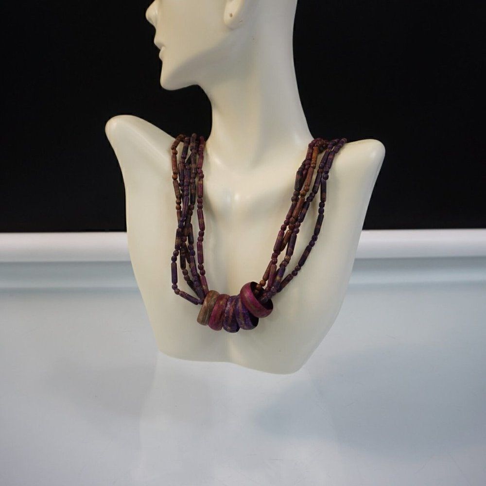 Funky Retro Statement Necklace Bohemian 5 Strand Metal Beads 5 Ring Pendants